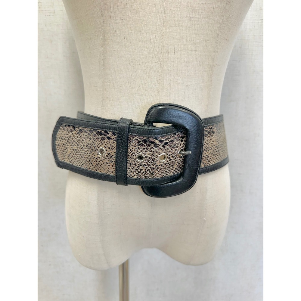 Leatherock Snakeskin Print Black Leather Wide Waist Belt Womens 34 6658 USA Made
